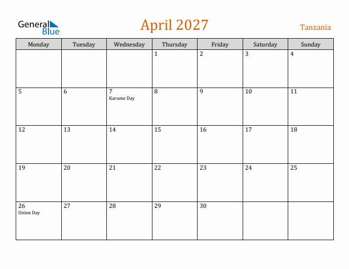 April 2027 Holiday Calendar with Monday Start