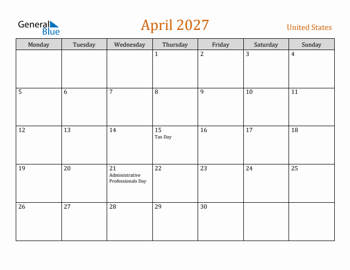 April 2027 Holiday Calendar with Monday Start