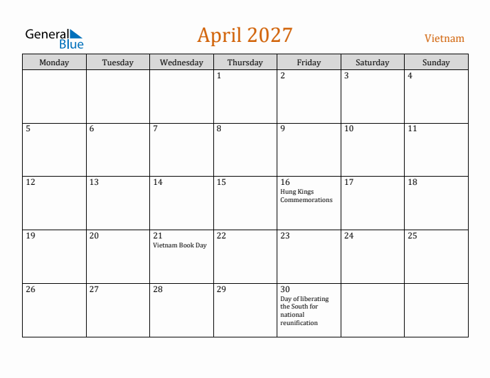 April 2027 Holiday Calendar with Monday Start