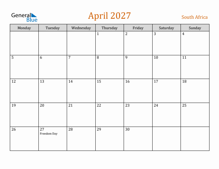 April 2027 Holiday Calendar with Monday Start