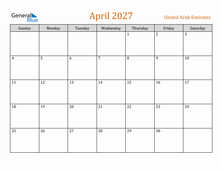 April 2027 Holiday Calendar with Sunday Start