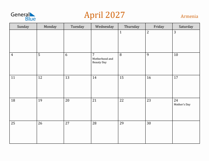 April 2027 Holiday Calendar with Sunday Start