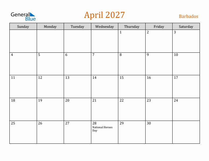 April 2027 Holiday Calendar with Sunday Start