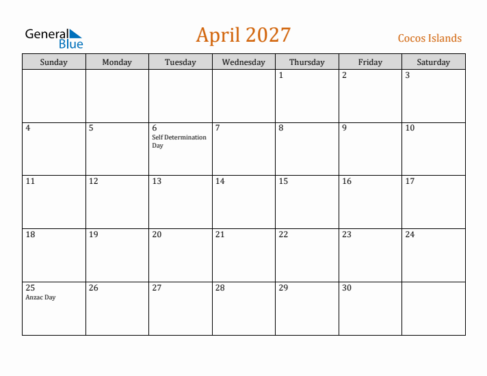 April 2027 Holiday Calendar with Sunday Start