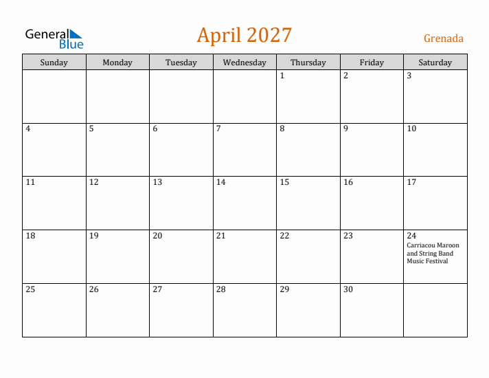 April 2027 Holiday Calendar with Sunday Start