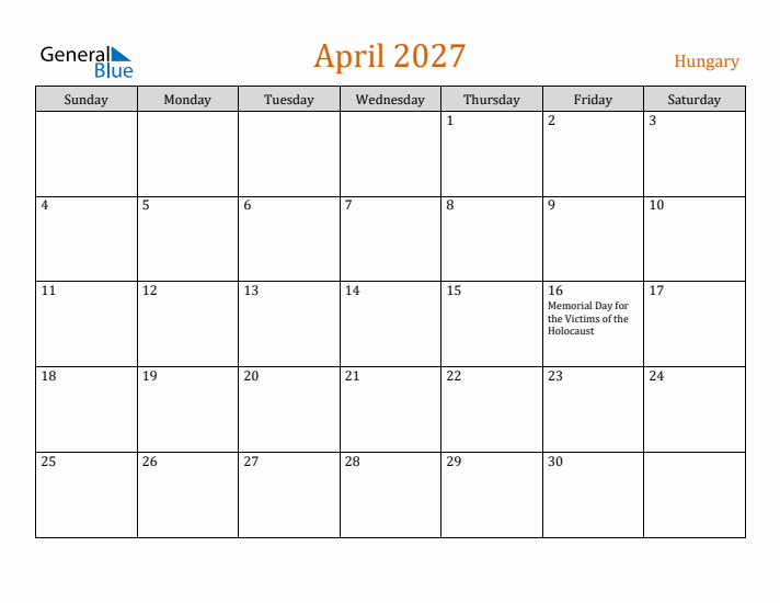 April 2027 Holiday Calendar with Sunday Start