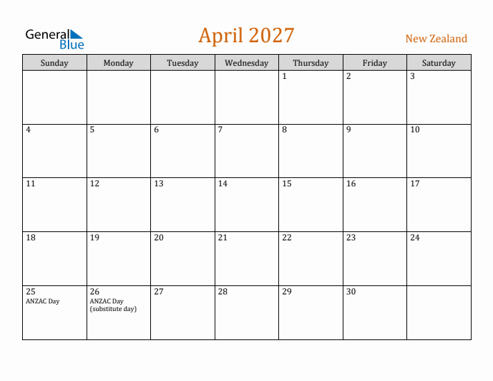 April 2027 Holiday Calendar with Sunday Start