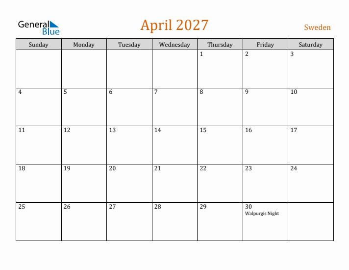 April 2027 Holiday Calendar with Sunday Start