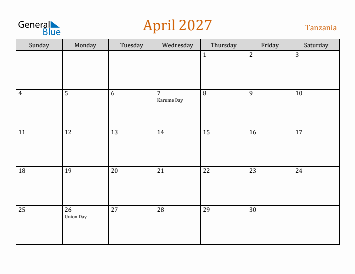 April 2027 Holiday Calendar with Sunday Start