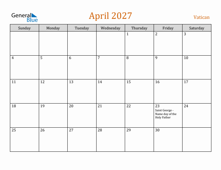 April 2027 Holiday Calendar with Sunday Start