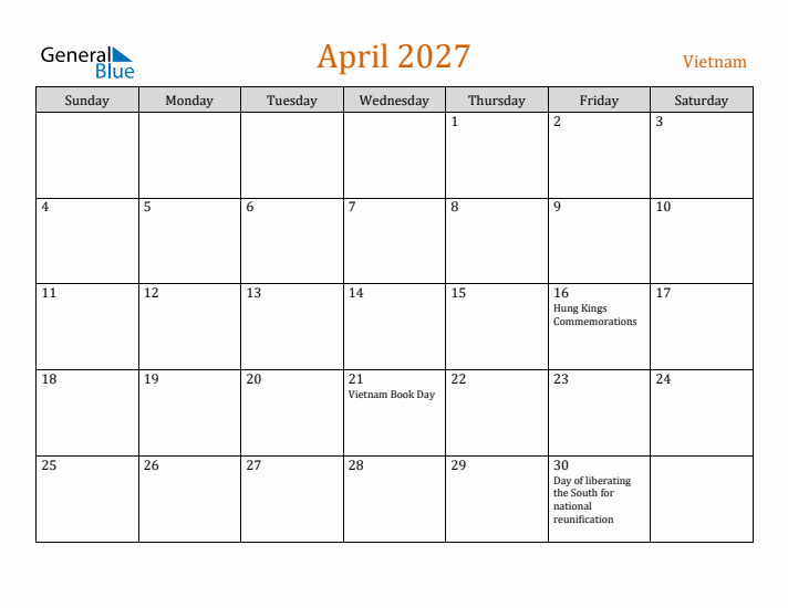 April 2027 Holiday Calendar with Sunday Start