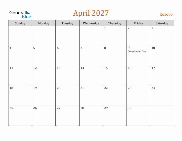 April 2027 Holiday Calendar with Sunday Start