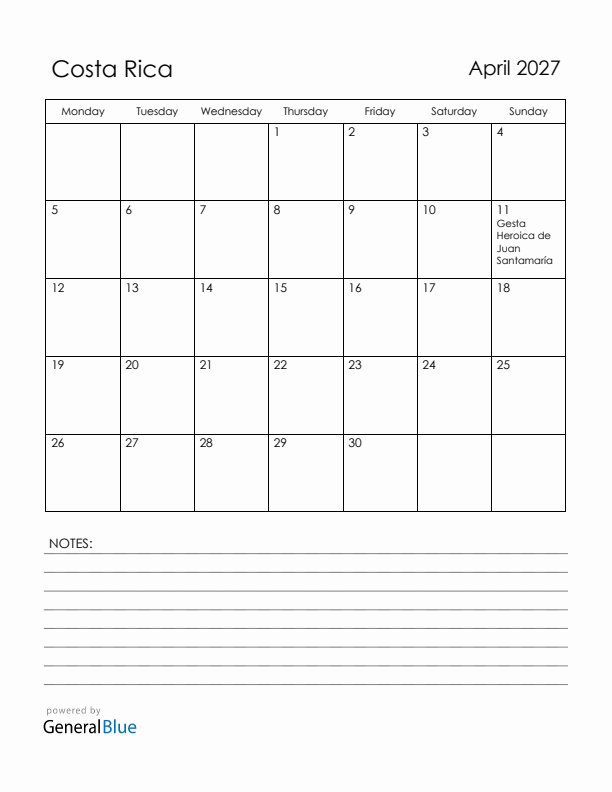 April 2027 Costa Rica Calendar with Holidays (Monday Start)