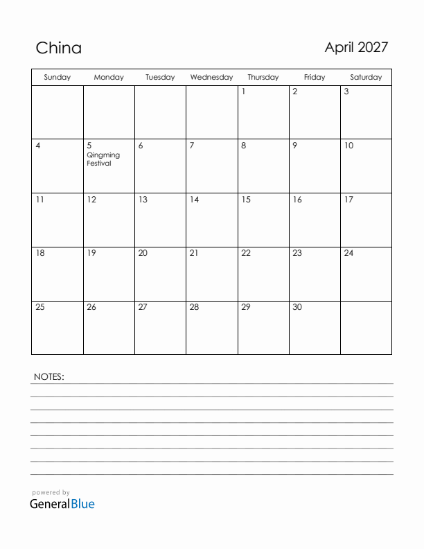 April 2027 China Calendar with Holidays (Sunday Start)