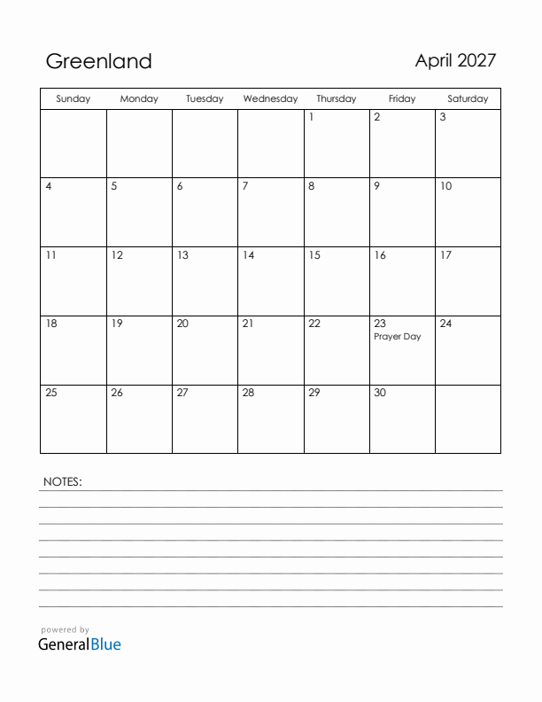 April 2027 Greenland Calendar with Holidays (Sunday Start)