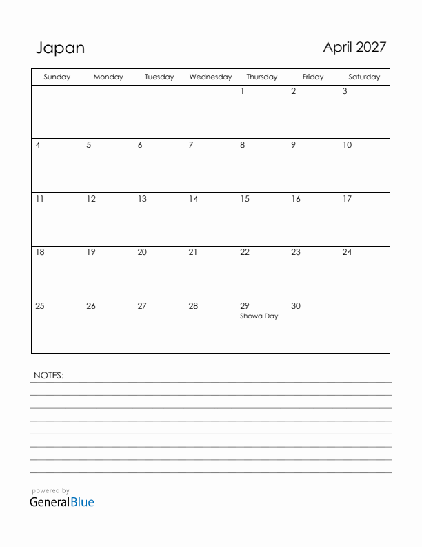 April 2027 Japan Calendar with Holidays (Sunday Start)