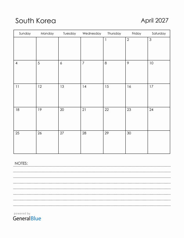 April 2027 South Korea Calendar with Holidays (Sunday Start)