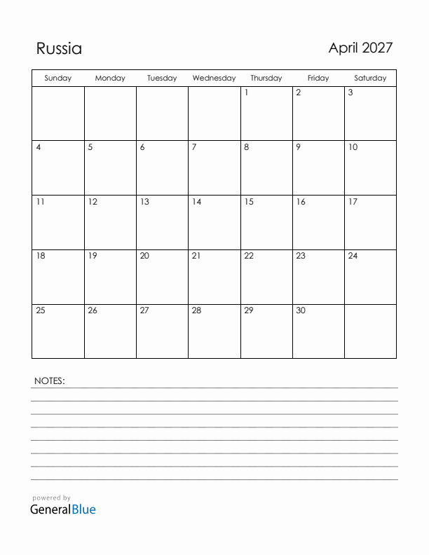 April 2027 Russia Calendar with Holidays (Sunday Start)