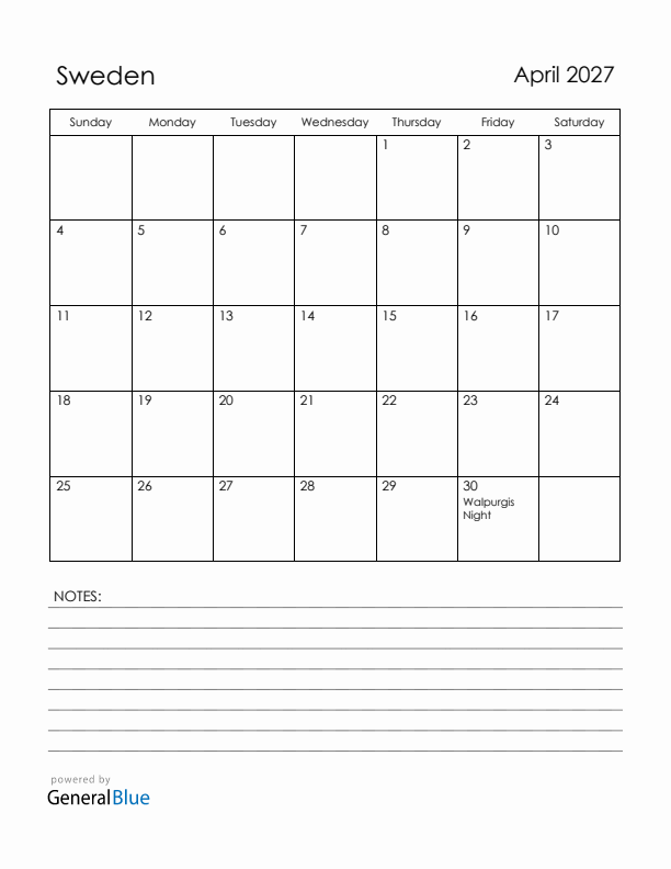 April 2027 Sweden Calendar with Holidays (Sunday Start)