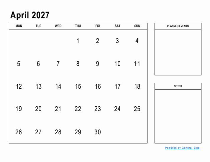 April 2027 Calendar Planner