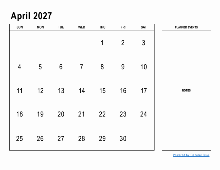 April 2027 Calendar Planner