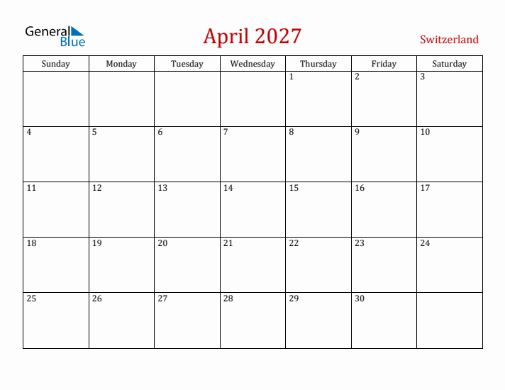 Switzerland April 2027 Calendar - Sunday Start