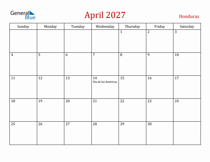 Honduras April 2027 Calendar - Sunday Start