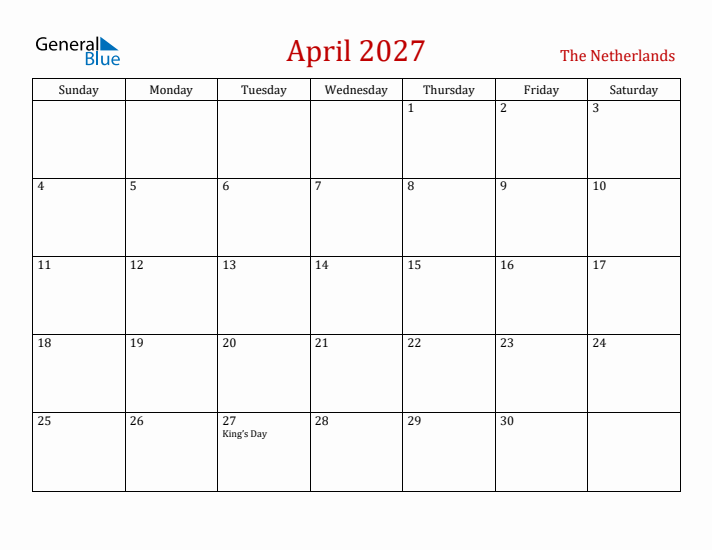 The Netherlands April 2027 Calendar - Sunday Start