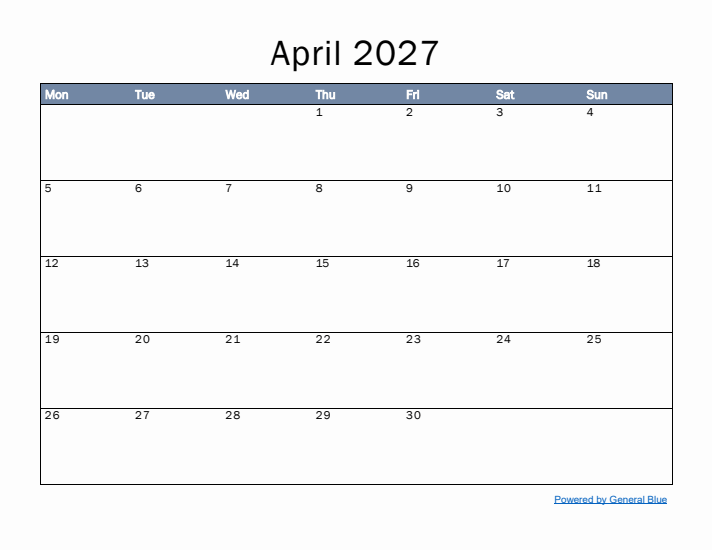 April 2027 Simple Month Calendar Template