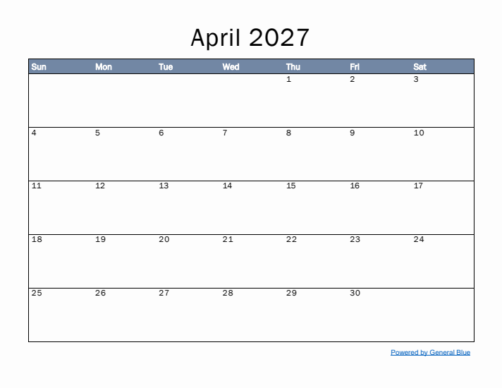 April 2027 Simple Month Calendar Template