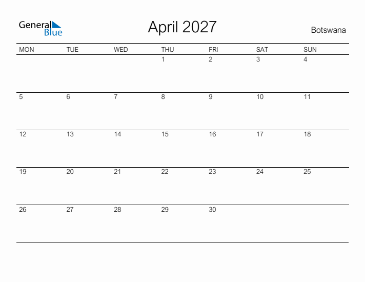 Printable April 2027 Calendar for Botswana