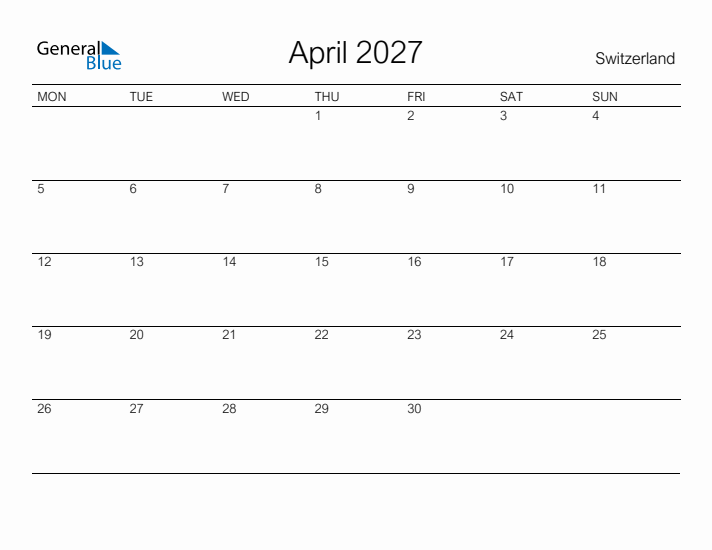 Printable April 2027 Calendar for Switzerland