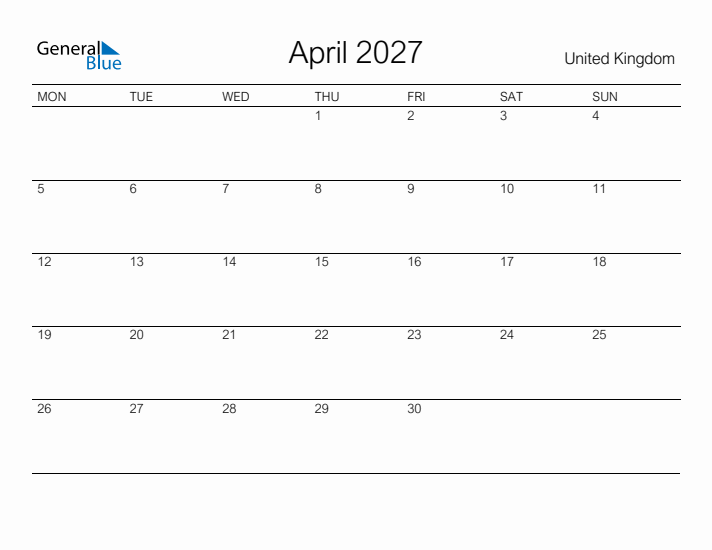 Printable April 2027 Calendar for United Kingdom