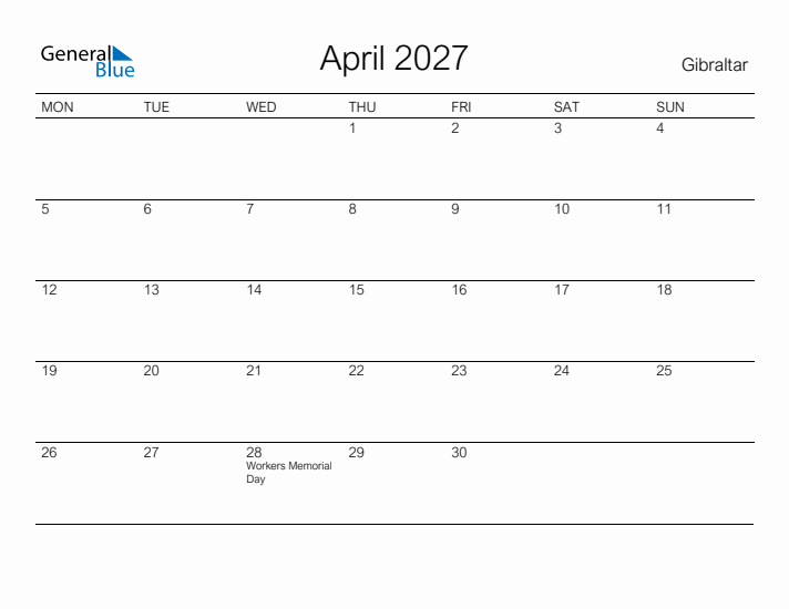 Printable April 2027 Calendar for Gibraltar