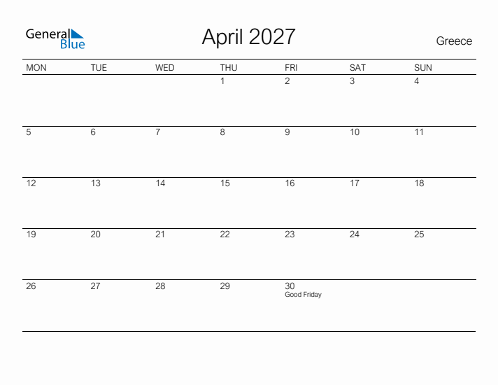 Printable April 2027 Calendar for Greece