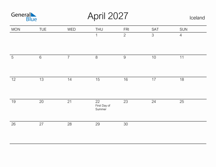 Printable April 2027 Calendar for Iceland