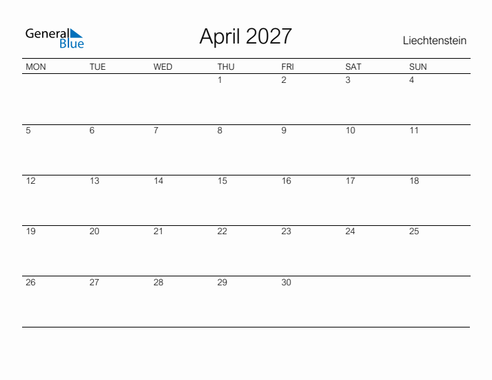 Printable April 2027 Calendar for Liechtenstein