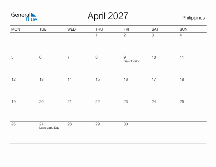 Printable April 2027 Calendar for Philippines