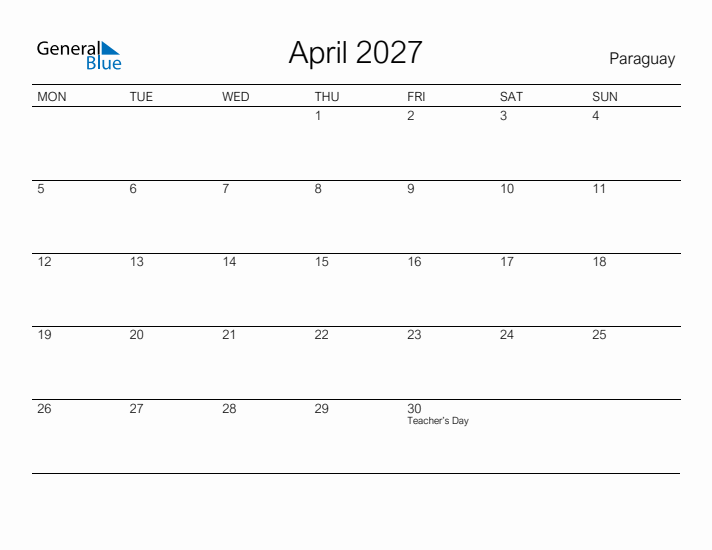 Printable April 2027 Calendar for Paraguay