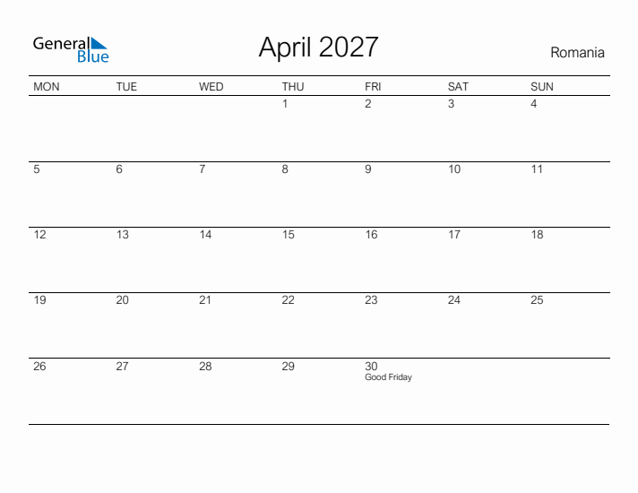 Printable April 2027 Calendar for Romania