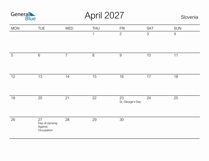 Printable April 2027 Calendar for Slovenia