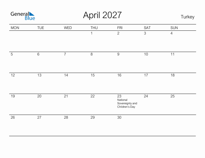 Printable April 2027 Calendar for Turkey