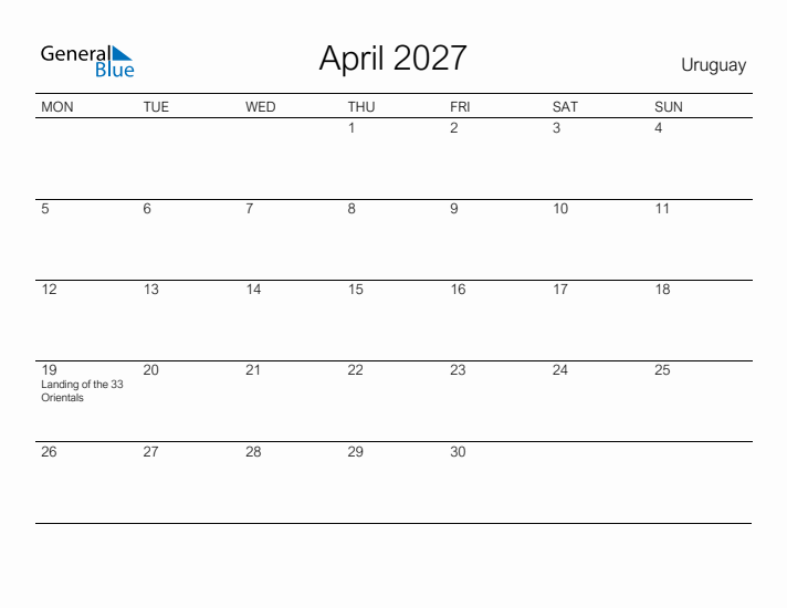 Printable April 2027 Calendar for Uruguay