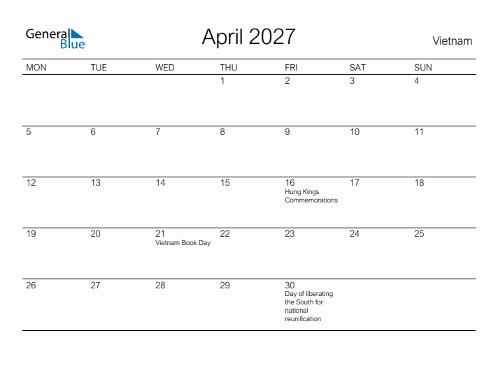 Printable April 2027 Calendar for Vietnam