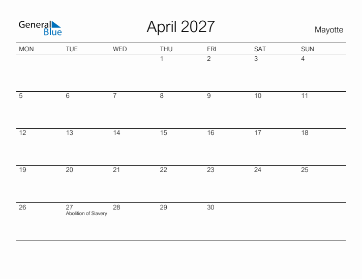 Printable April 2027 Calendar for Mayotte