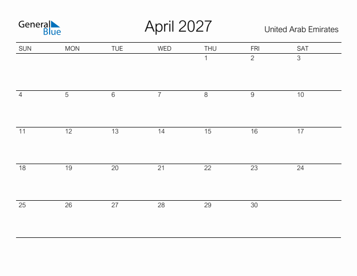 Printable April 2027 Calendar for United Arab Emirates