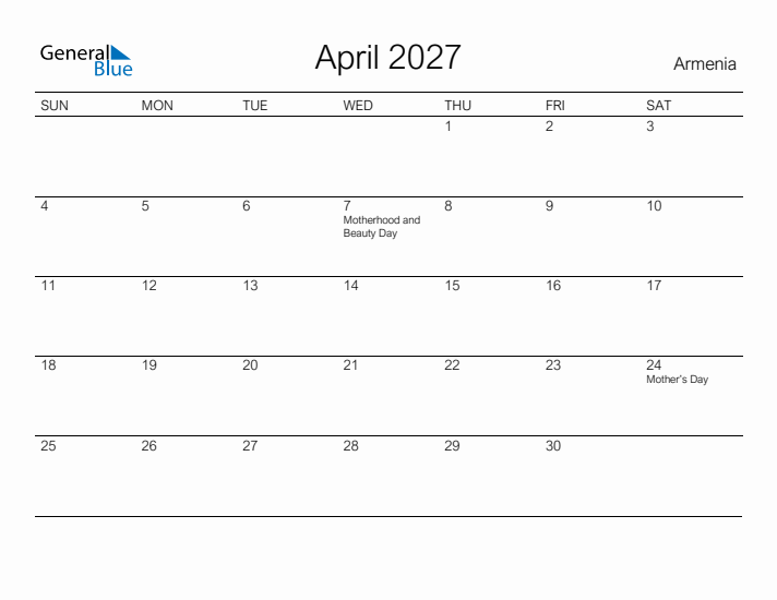 Printable April 2027 Calendar for Armenia