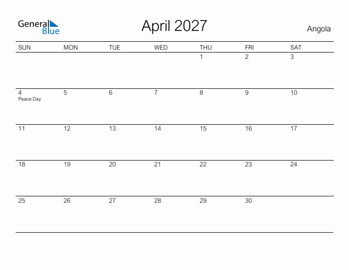 Printable April 2027 Calendar for Angola