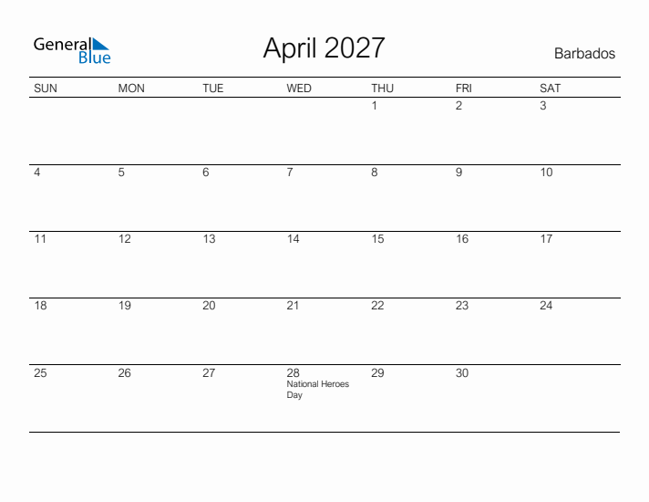 Printable April 2027 Calendar for Barbados