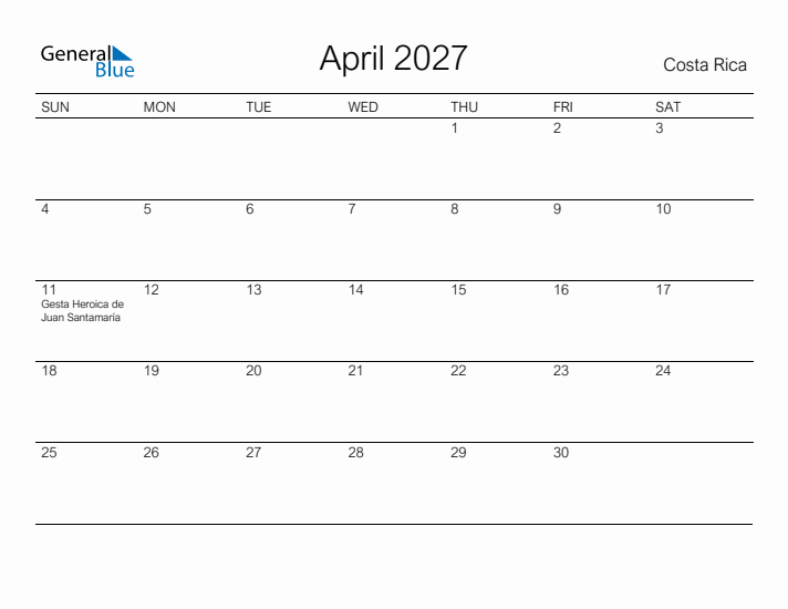 Printable April 2027 Calendar for Costa Rica